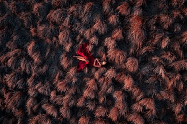 a woman in a red dress is laying on a fur rug